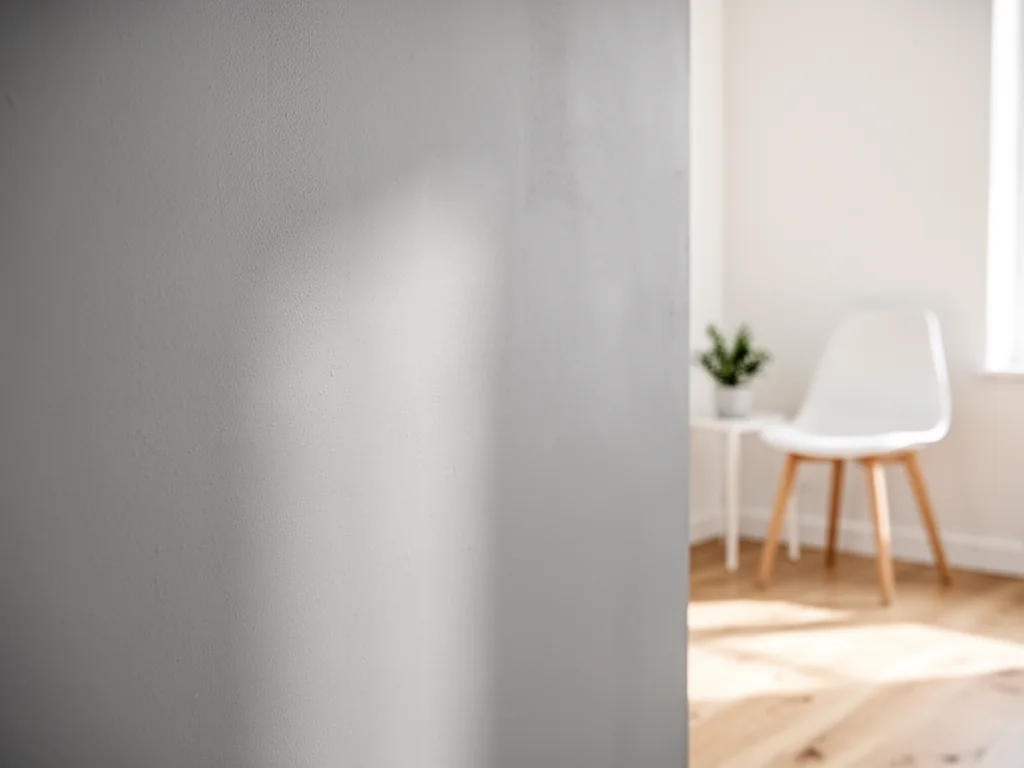 Ściana w odcieniu szarości RAL 7040 w jasnym, skandynawskim wnętrzu z drewnianą podłogą, krzesłem i rośliną w tle.