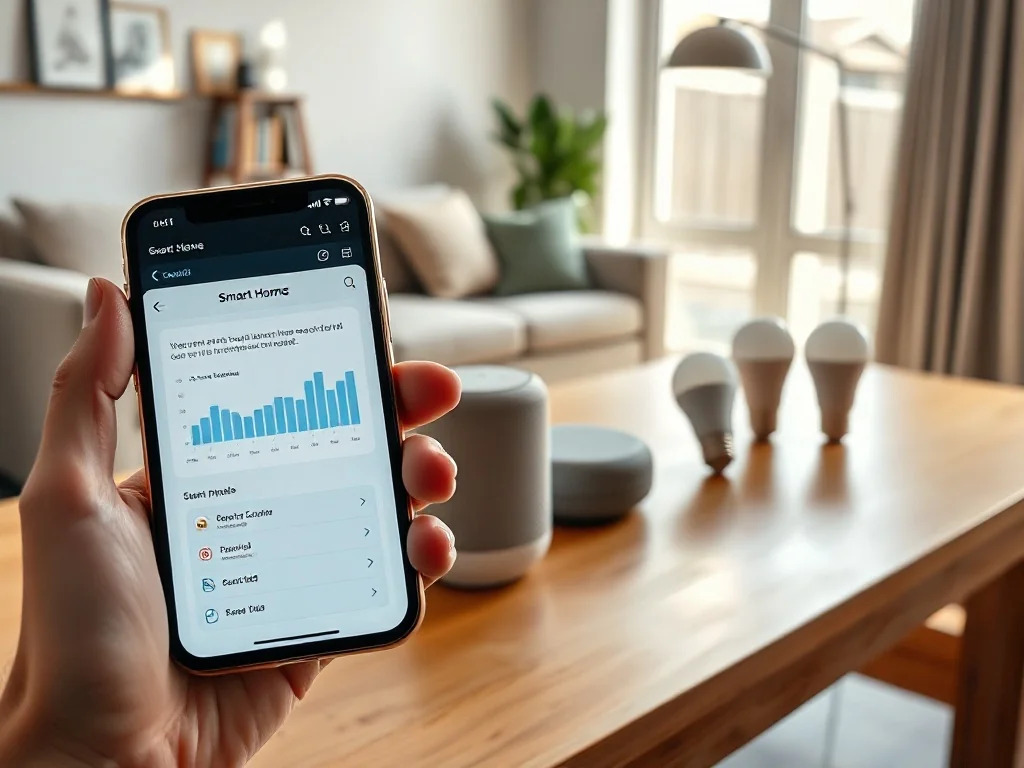 Smartfon z panelem sterowania Smart Home obok inteligentnych żarówek i głośnika na stole w jasnym, przytulnym salonie.
