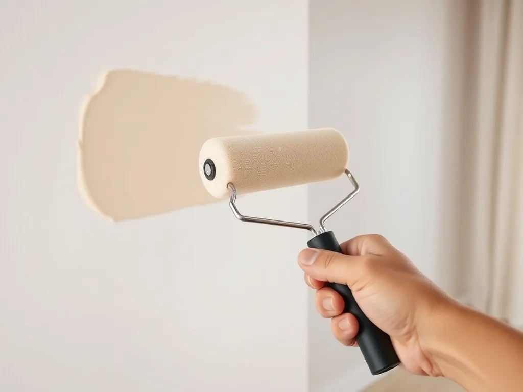 Dłoń malująca gładkim wałkiem z pianką ścianę farbą ceramiczną w jasnym beżu w minimalistycznym, neutralnym wnętrzu.