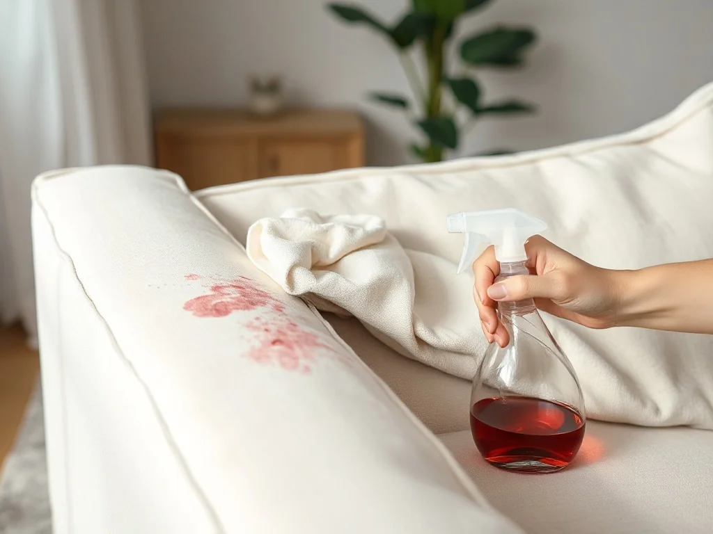 Ręka delikatnie wyciera plamę z czerwonego wina z jasnej kanapy białą ściereczką, obok stoi spray z środkiem czyszczącym.