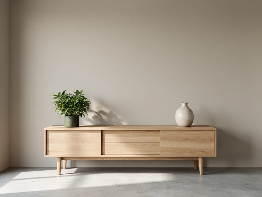 Jasnoszara beżowa ściana RAL 7032 w minimalistycznym salonie z drewnianą komodą, rośliną i jasną ceramiczną wazą.
