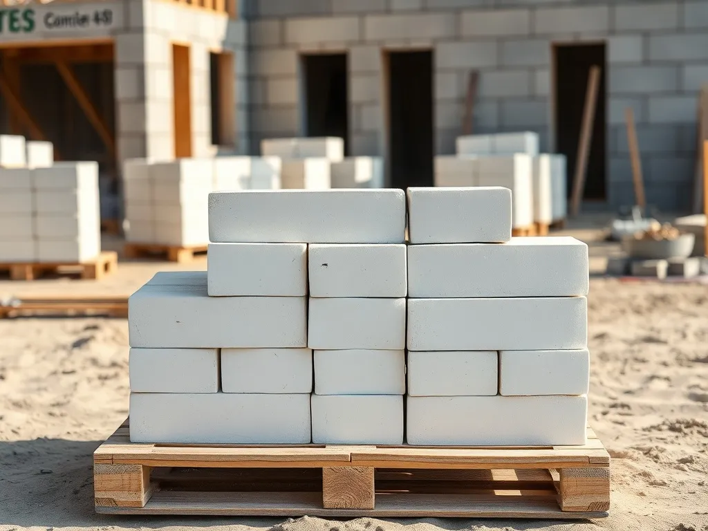 Paleta z białymi bloczkami Solbet 24x24x59 na placu budowy, w tle kolejne palety i ściany w trakcie murowania.