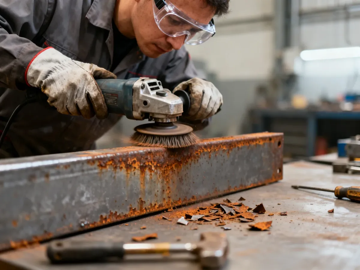 Usuwanie rdzy z metalowego panelu za pomocą narzędzi mechanicznych
