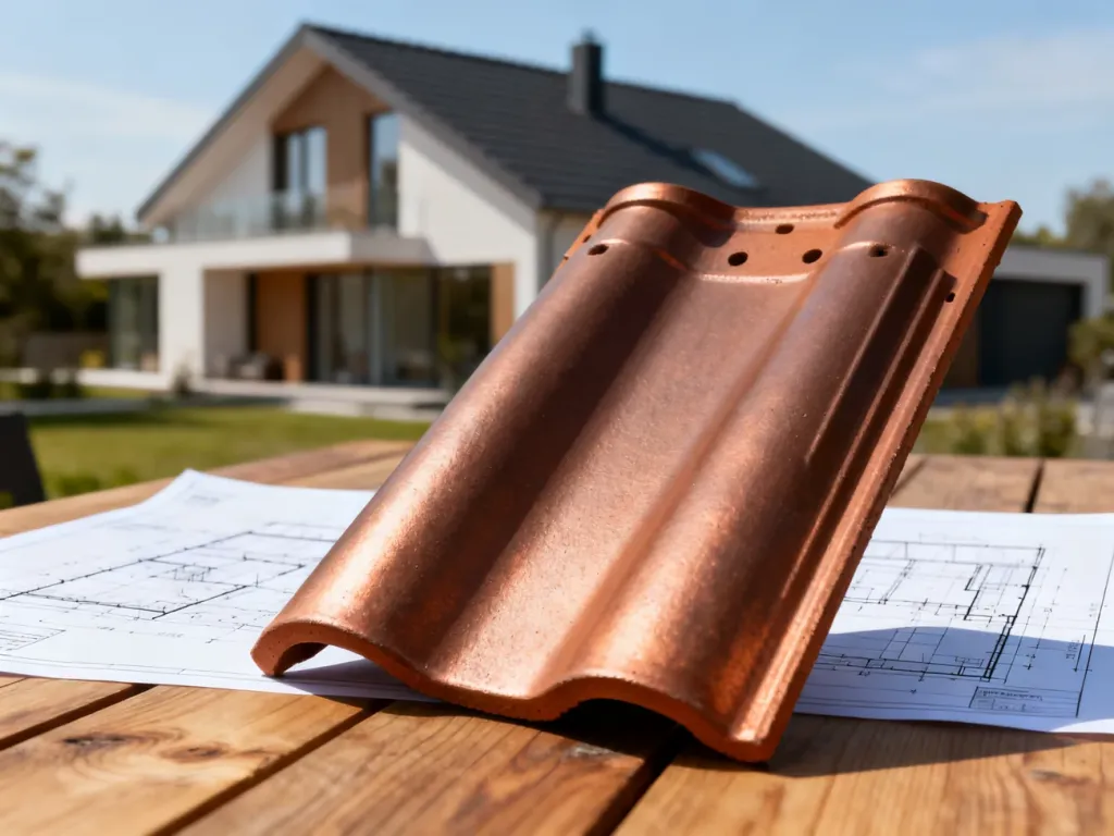 Próbka dachówki ceramicznej w kolorze miedzianym RAL 8004 na tle projektu architektonicznego domu.