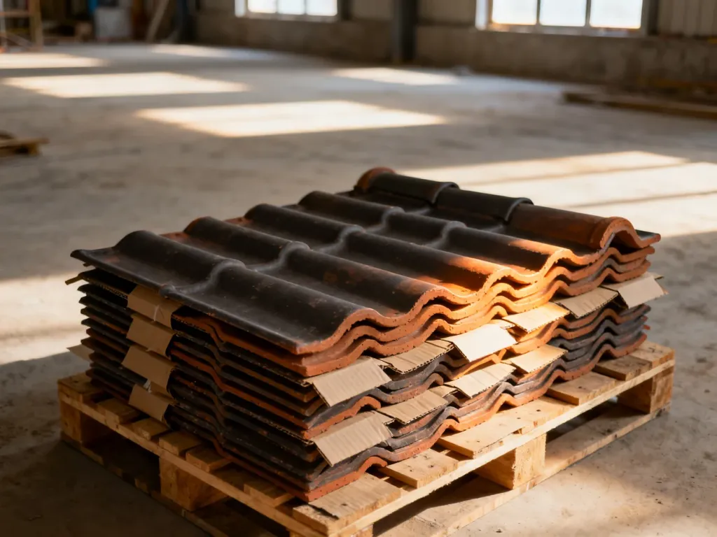 Paleta z ułożonymi ceramicznymi dachówkami w magazynie budowlanym, gotowa do transportu lub montażu.