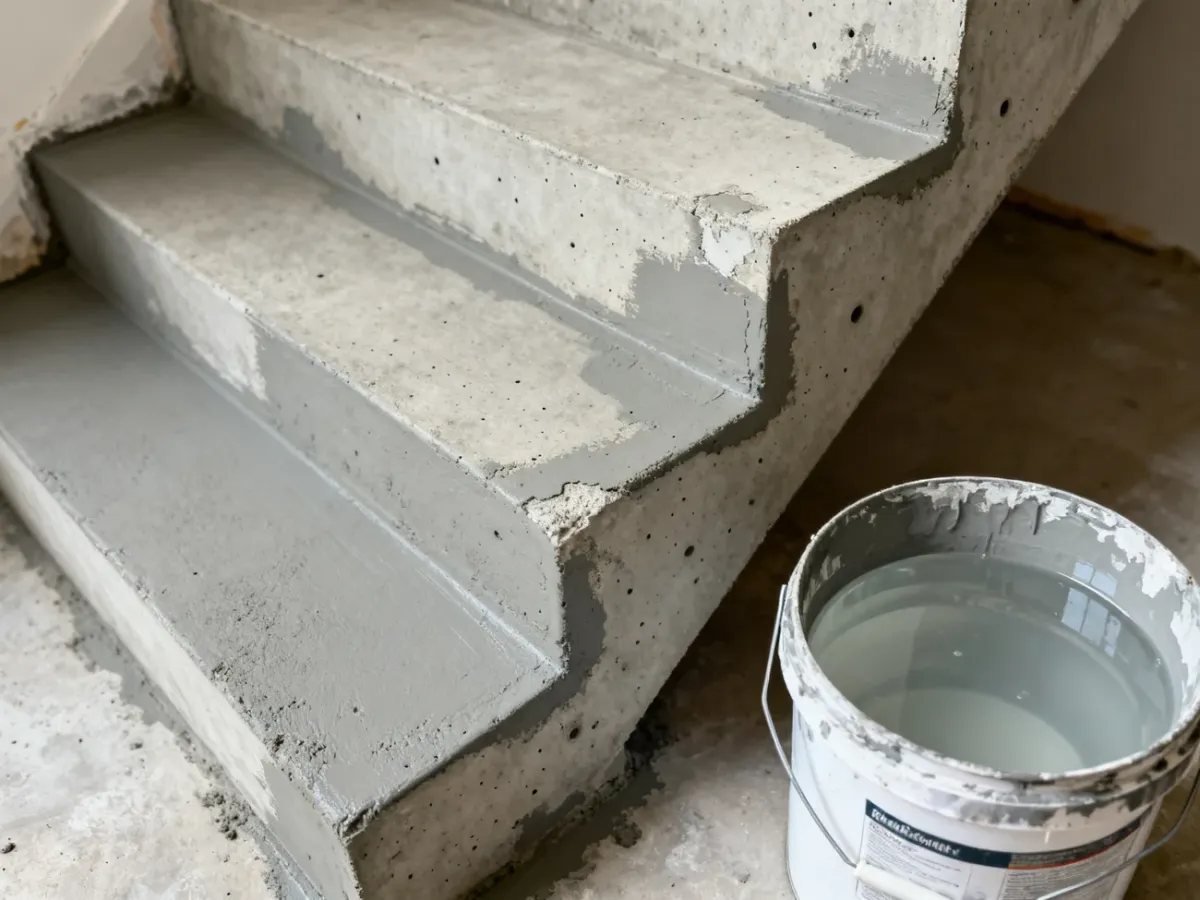 Przygotowane betonowe schody przed malowaniem z widocznymi naprawionymi ubytkami