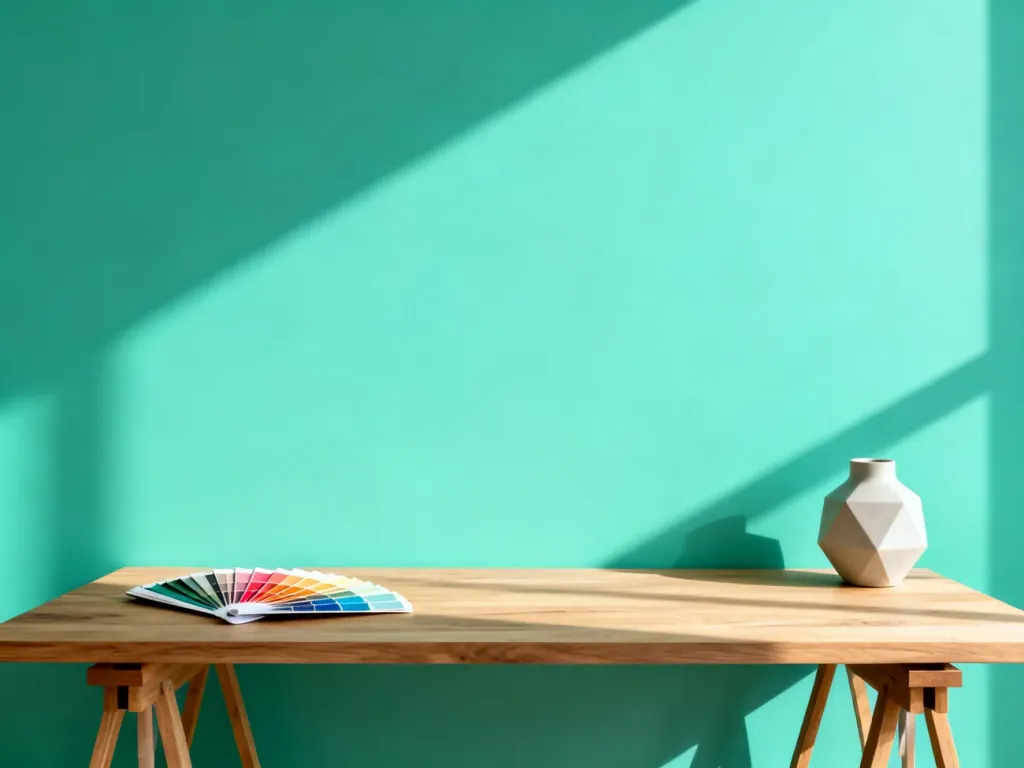 Minimalistyczne wnętrze z gładką ścianą w kolorze RAL 6029, nowoczesnym drewnianym stołem i ceramicznym wazonem.