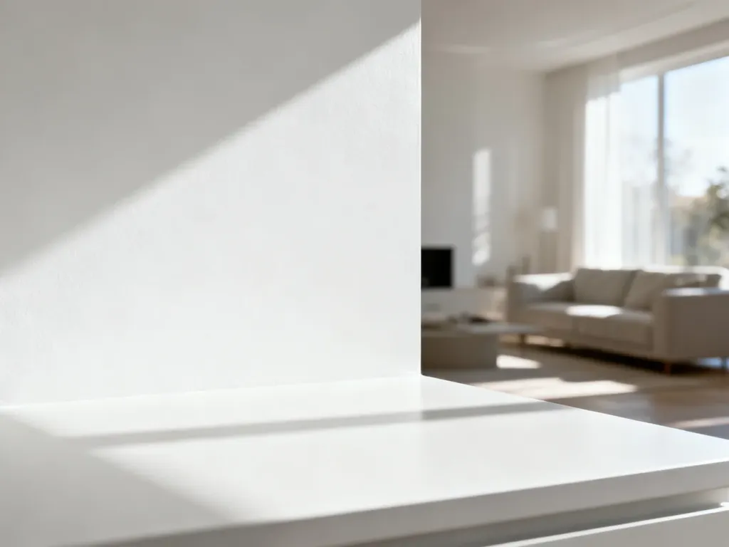 Minimalistyczne wnętrze w odcieniu bieli sygnałowej RAL 9003, prezentujące czystą estetykę i nowoczesny design.