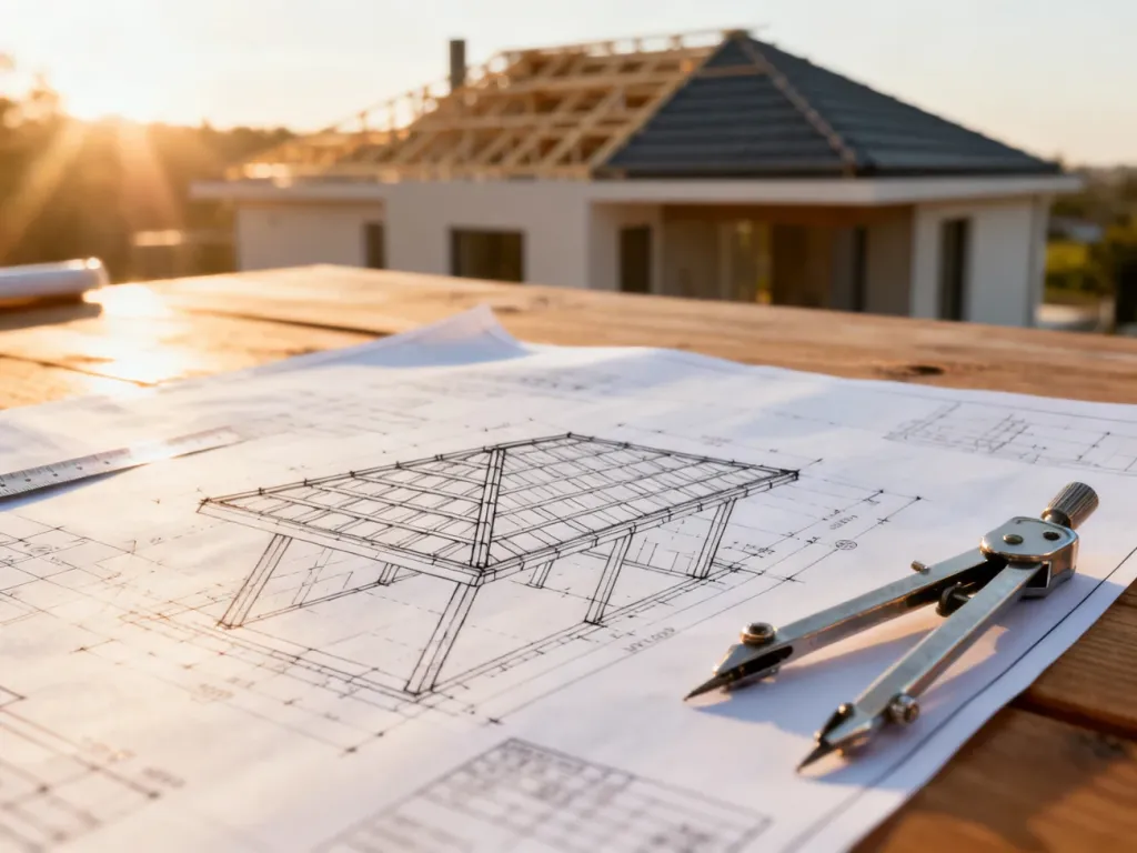 Projekt dachu na planie architektonicznym z miarką i cyrklem, przygotowany do obliczeń konstrukcyjnych.