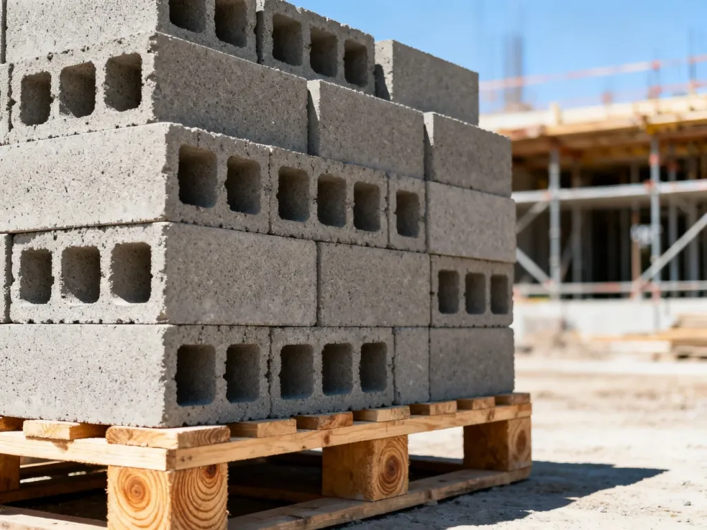 Drewniana paleta z równo ułożonymi szarymi pustakami ceramicznymi na placu budowy.