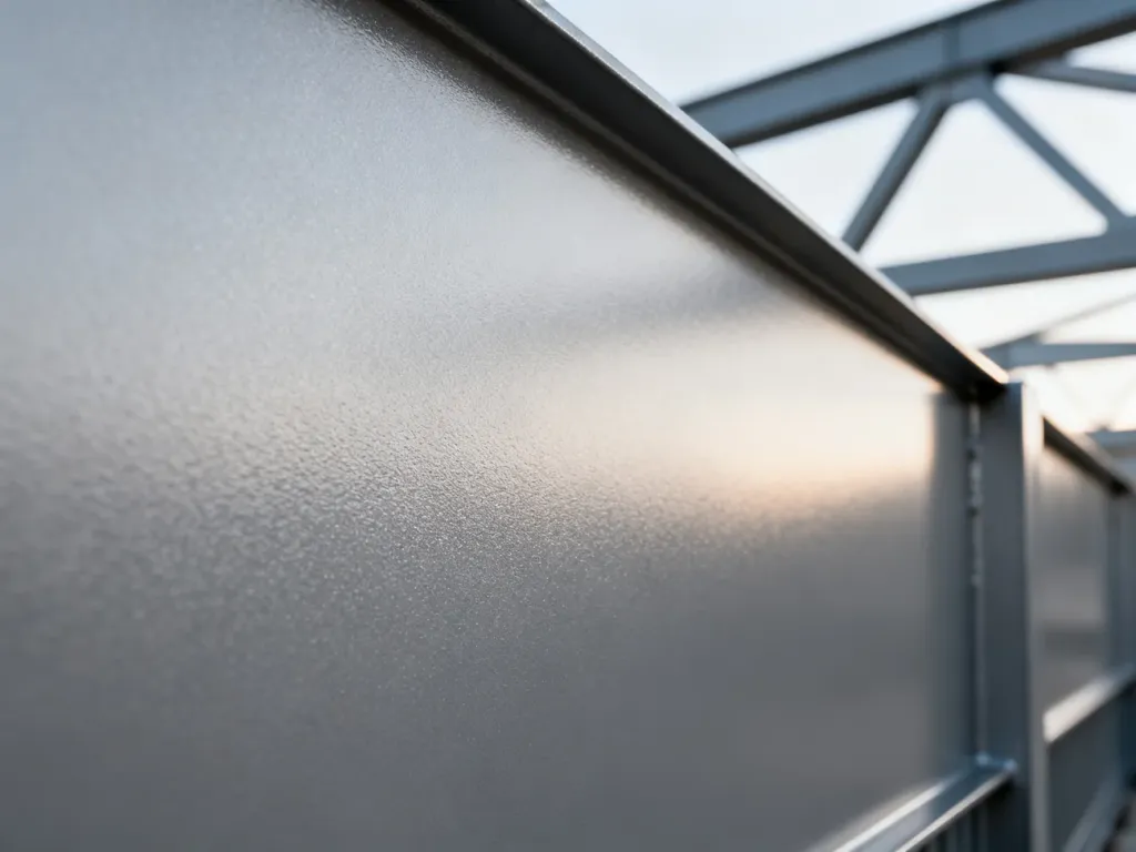 Zbliżenie na metaliczną, szarą powierzchnię malowaną proszkowo w kolorze RAL 9007 z widoczną drobnoziarnistą strukturą.