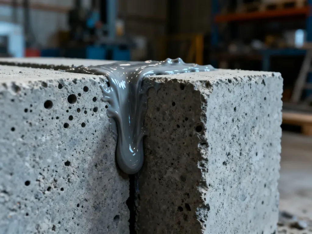 Dwa szorstkie bloki betonowe łączone grubą warstwą profesjonalnego kleju epoksydowego w warunkach warsztatowych.