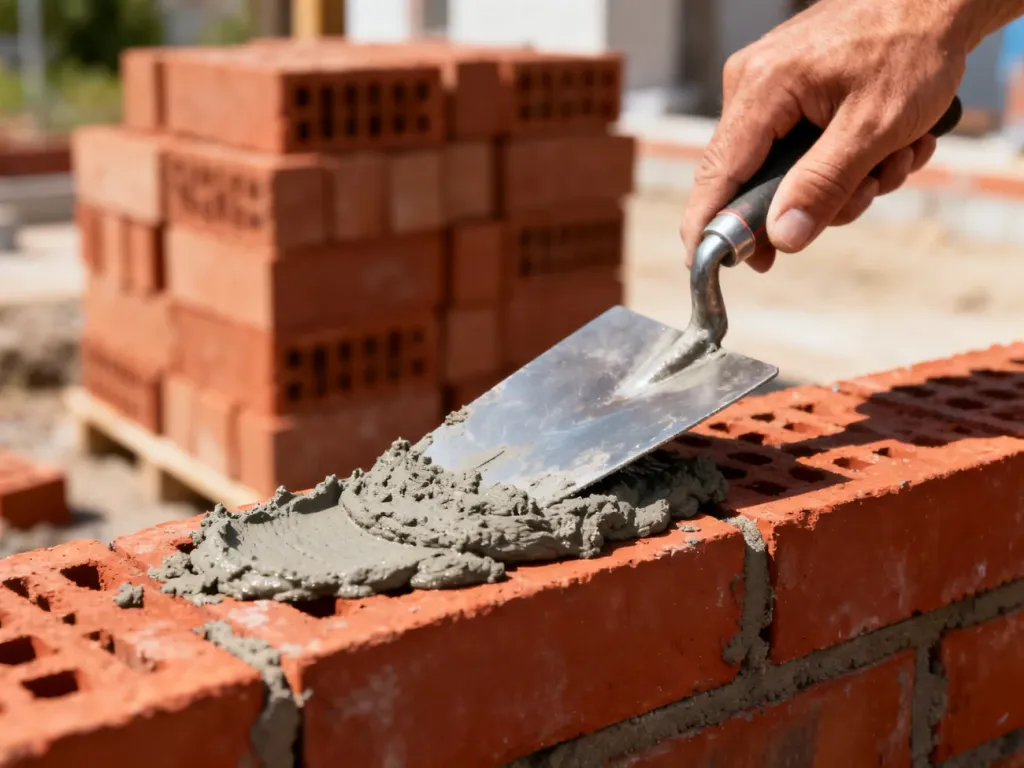 Murarz nakłada warstwę świeżej zaprawy na czerwoną cegłę ceramiczną podczas prac budowlanych.